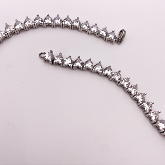 Silver Toned Heart Shaped Cubic Zirconia Tennis Necklace. 22 Inches. - Picture 5 of 13